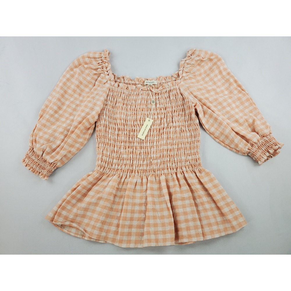 Max Studio Peach White Check Smocked Balloon Sleeve Blouse 1702J35 Womens L